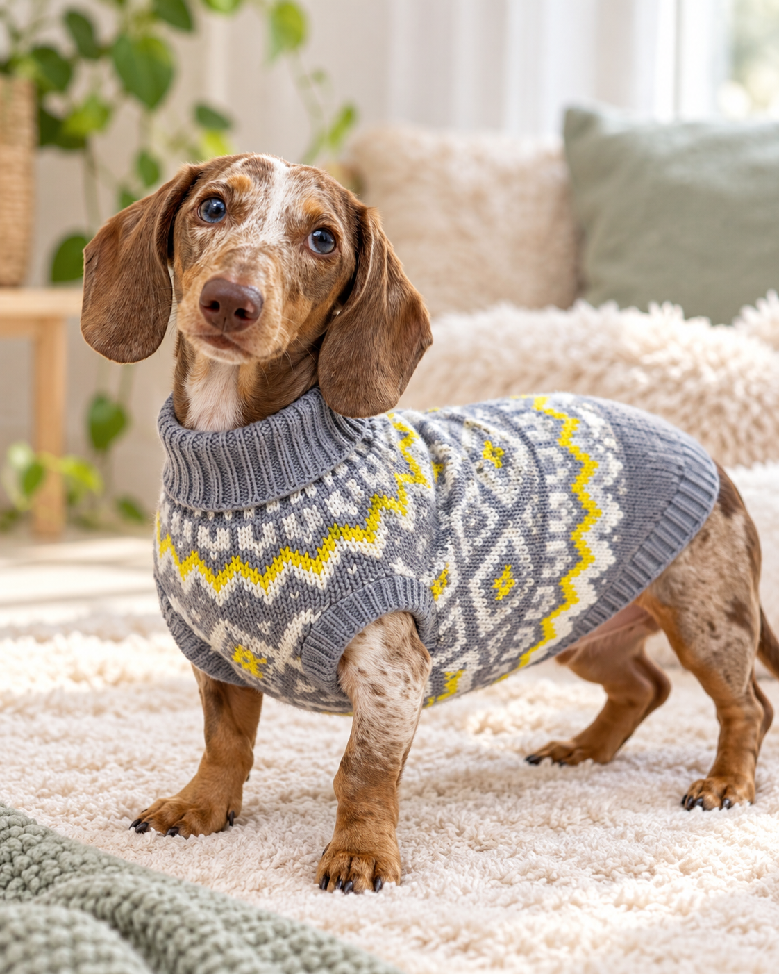 Moka usando sweater nórdico Mokinini modelo 81104